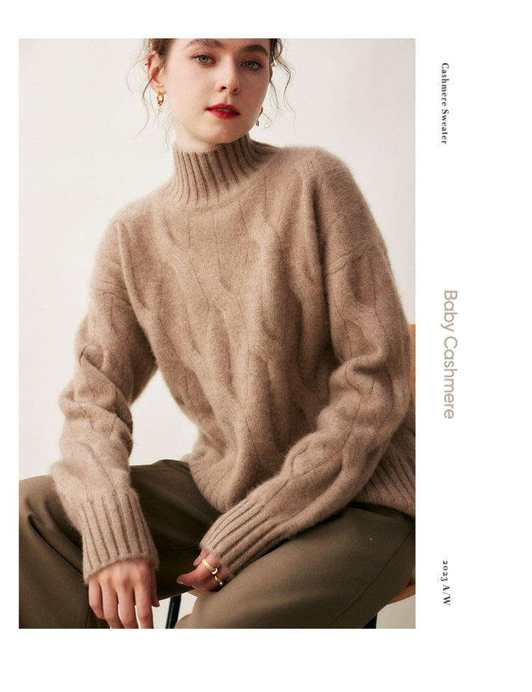 Audrie Women: Winter/Autumn 100% Cashmere Cable-Knitted Half-Turtleneck Jumper