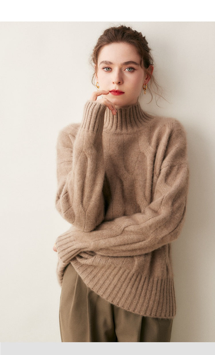 Audrie Women: Winter/Autumn 100% Cashmere Cable-Knitted Half-Turtleneck Jumper