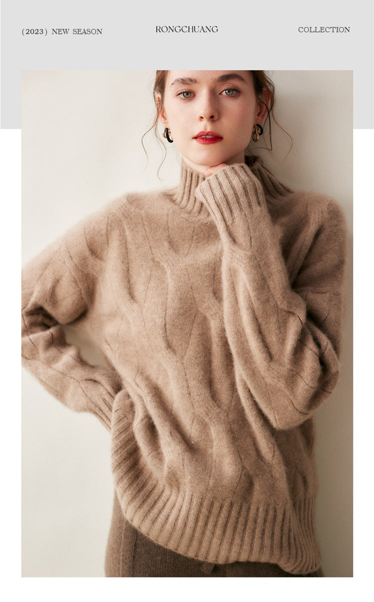 Audrie Women: Winter/Autumn 100% Cashmere Cable-Knitted Half-Turtleneck Jumper