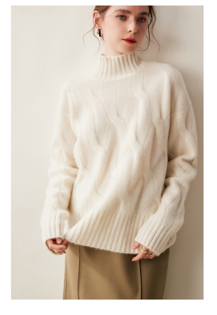 Audrie Women: Winter/Autumn 100% Cashmere Cable-Knitted Half-Turtleneck Jumper