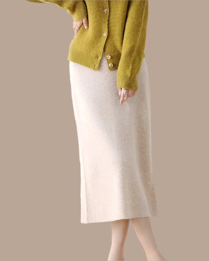 Audrie Women: 2025 Spring 100% Wool Midi Pull-on "H" Shape Skirt