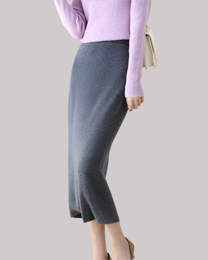 Audrie Women: 2025 Spring 100% Wool Midi Pull-on "H" Shape Skirt