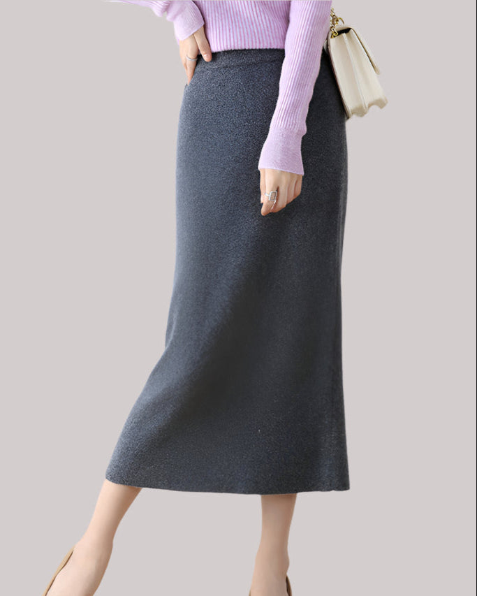 Audrie Women: 2025 Spring 100% Wool Midi Pull-on "H" Shape Skirt