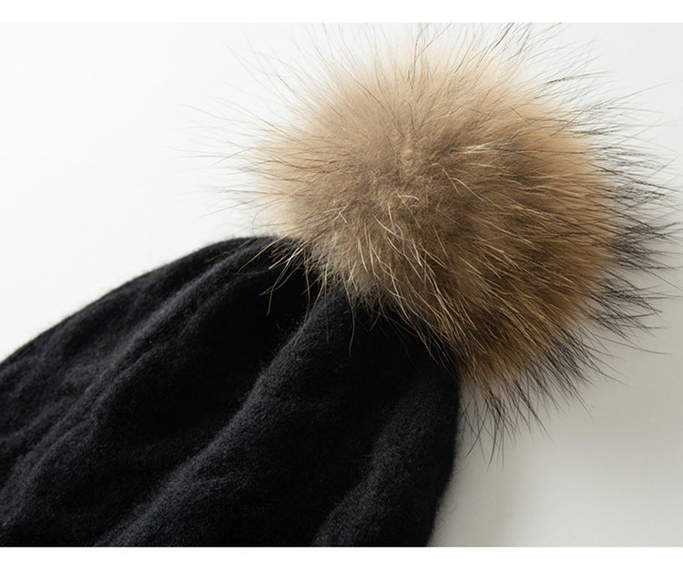 Audrie: 100% Cashmere-Wool Blend Cable-knitted Hat Decorated with Fox Fur