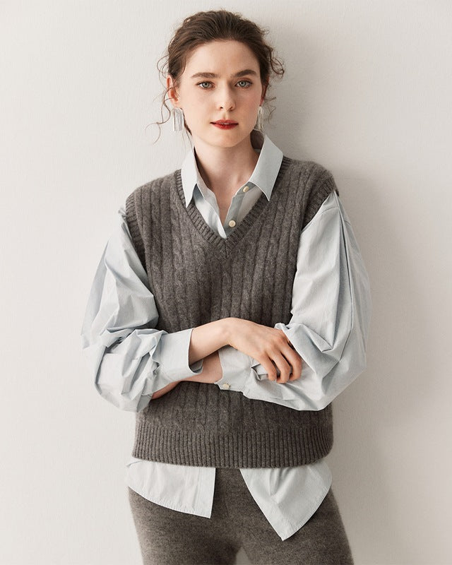 Cashmere-wool Cable Knit V-Neck Vest