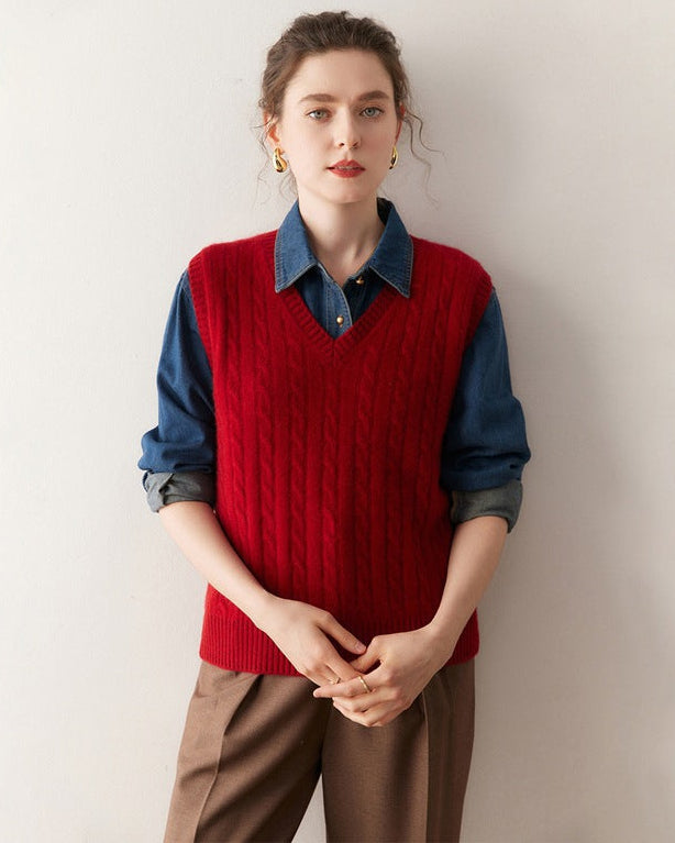 Cashmere-wool Cable Knit V-Neck Vest