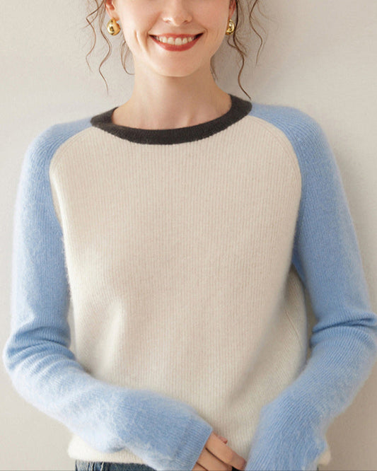 Audrie Women: 2025 Spring 100% Alxa Baby Cashmere-Wool Crewneck Jumper with Contrasting Colours