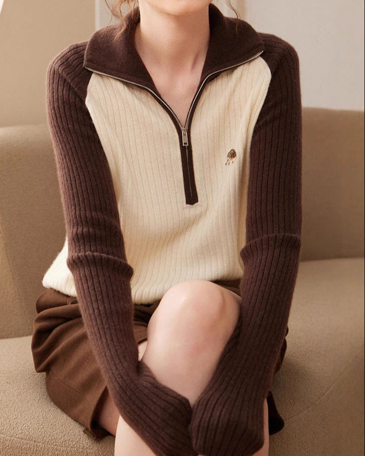 Audrie Women: 2025 Spring 100% Alxa Baby Cashmere-Wool Blend Ultra-soft Zip Hedgehog Jumper