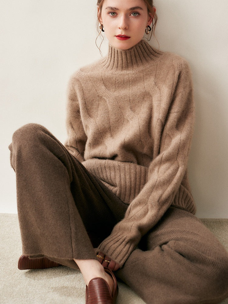 Audrie Women: Winter/Autumn 100% Cashmere Cable-Knitted Half-Turtleneck Jumper