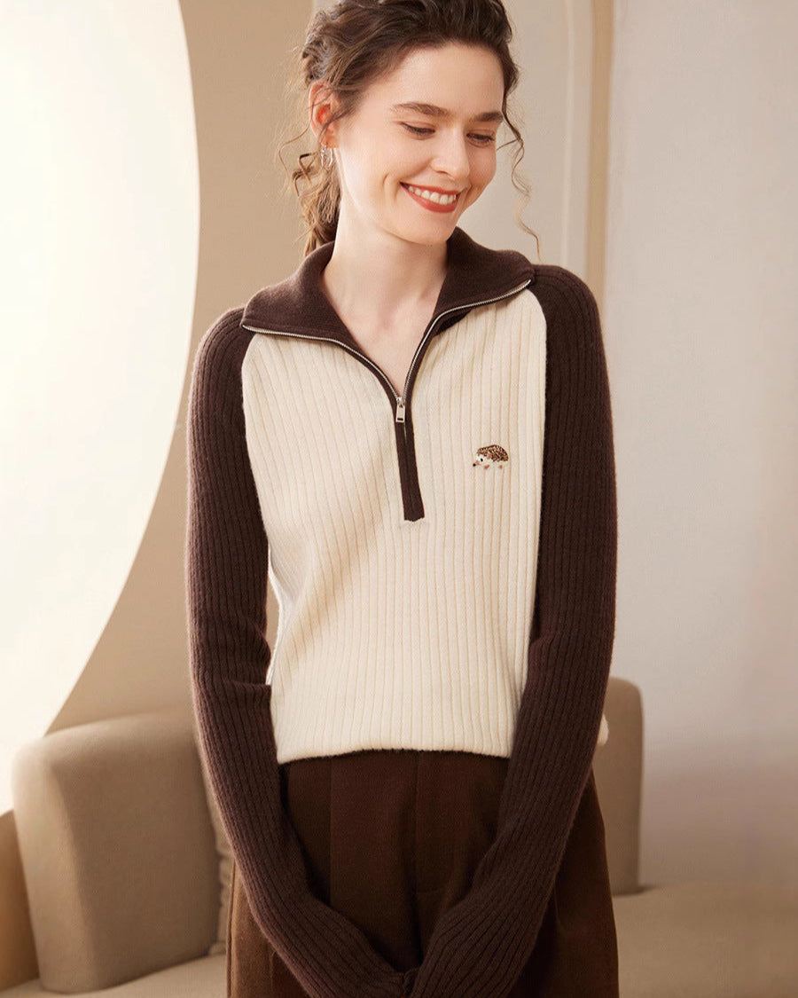 Audrie Women: 2025 Spring 100% Alxa Baby Cashmere-Wool Blend Ultra-soft Zip Hedgehog Jumper