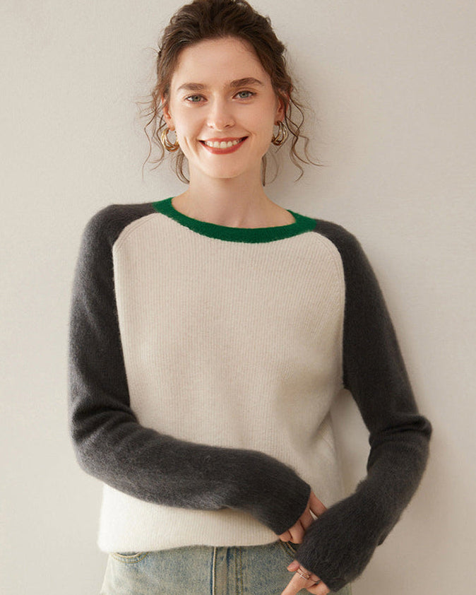 Audrie Women: 2025 Spring 100% Alxa Baby Cashmere-Wool Crewneck Jumper with Contrasting Colours