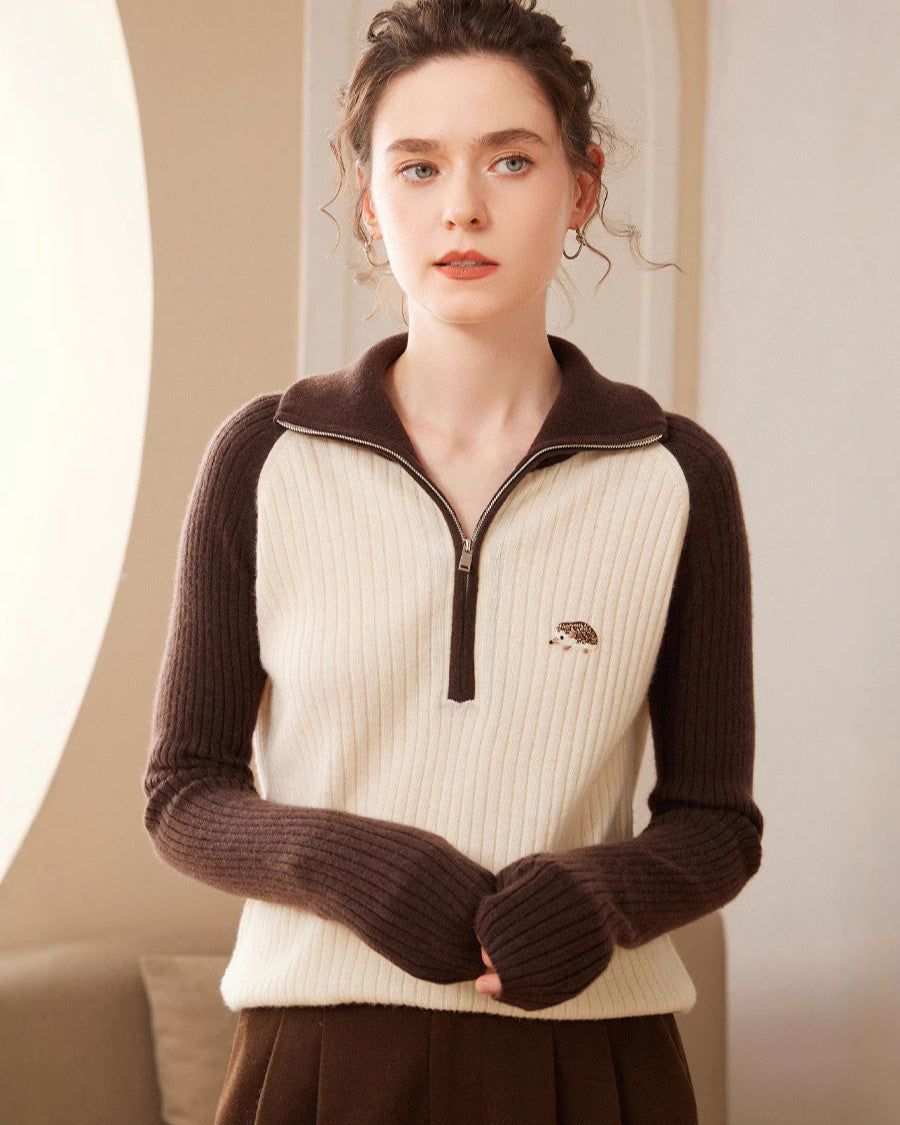 Audrie Women: 2025 Spring 100% Alxa Baby Cashmere-Wool Blend Ultra-soft Zip Hedgehog Jumper