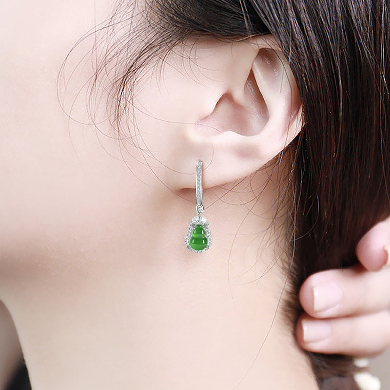 Audrie Fine Jewellery: Signature Lucky Hulu-Jadeite Gourd Earrings, Crafted from Ice Jade with Sterling Silver