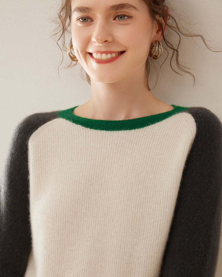 Audrie Women: 2025 Spring 100% Alxa Baby Cashmere-Wool Crewneck Jumper with Contrasting Colours