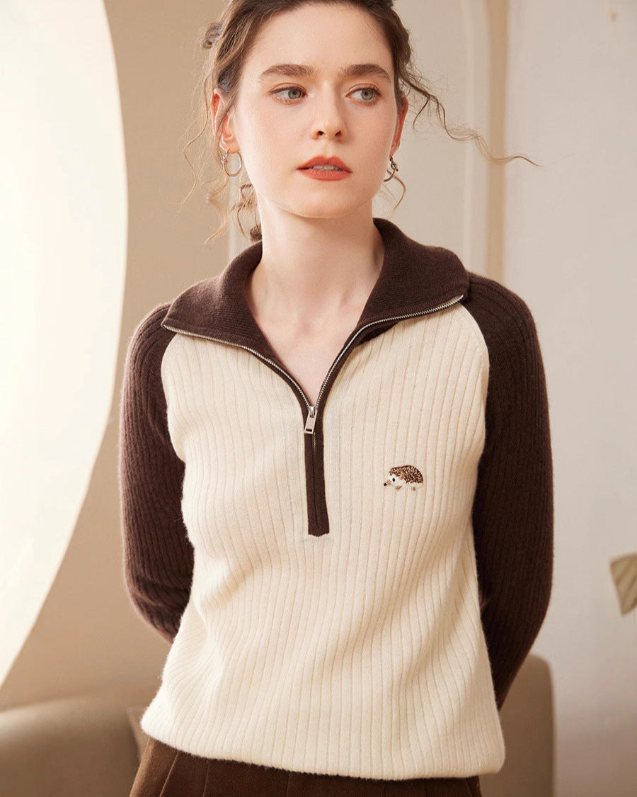 Audrie Women: 2025 Spring 100% Alxa Baby Cashmere-Wool Blend Ultra-soft Zip Hedgehog Jumper