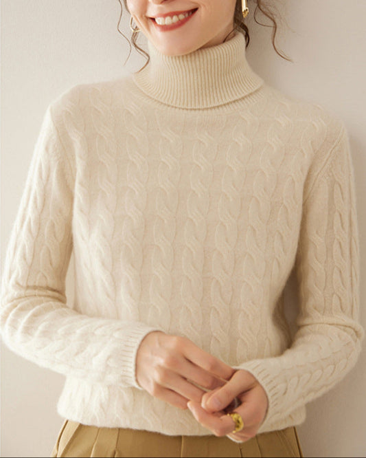 Autumn/Winter Classic: 100% Alxa Baby Cashmere-Wool Blend Turtleneck Cable-Knitted Jumper