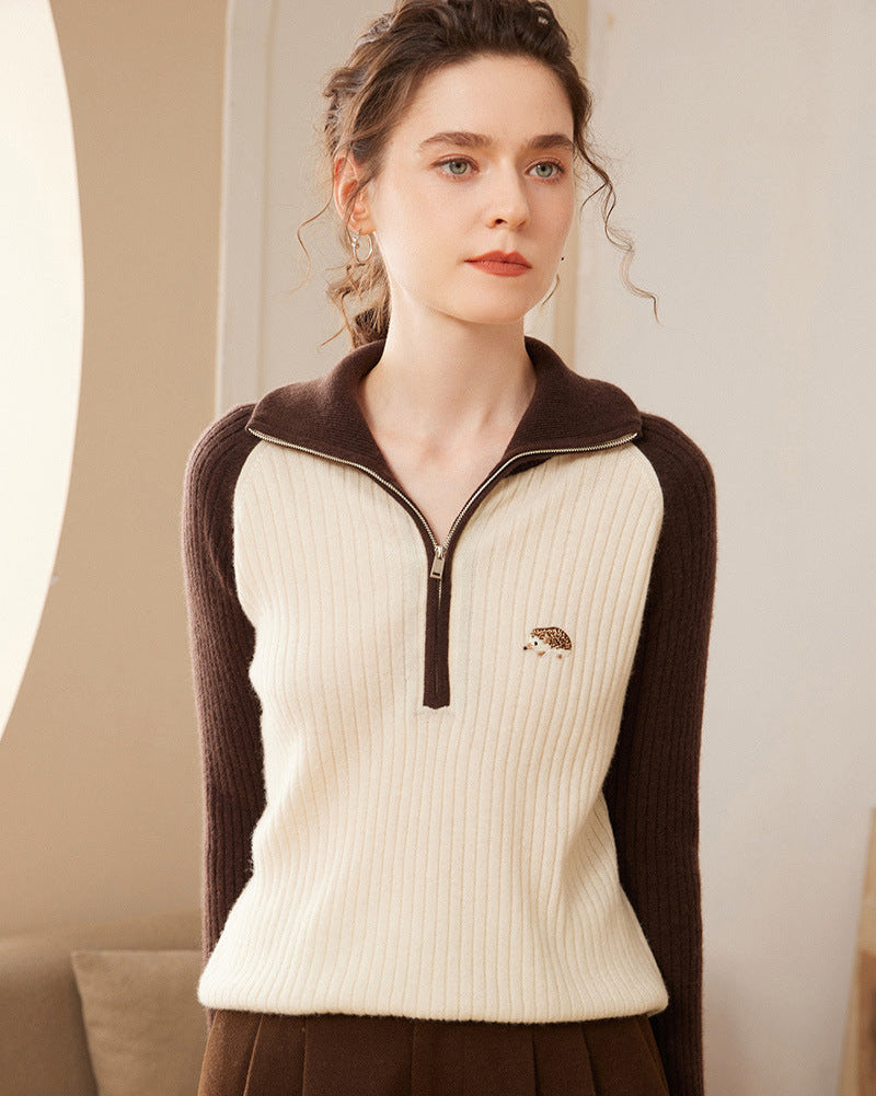 Audrie Women: 2025 Spring 100% Alxa Baby Cashmere-Wool Blend Ultra-soft Zip Hedgehog Jumper