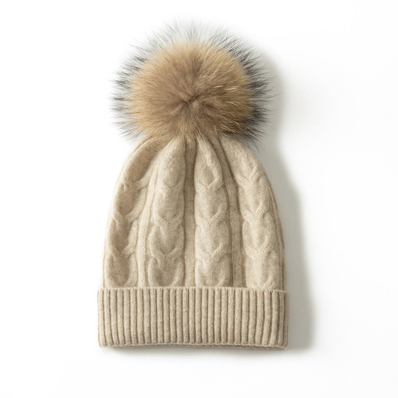 Audrie: 100% Cashmere-Wool Blend Cable-knitted Hat Decorated with Fox Fur