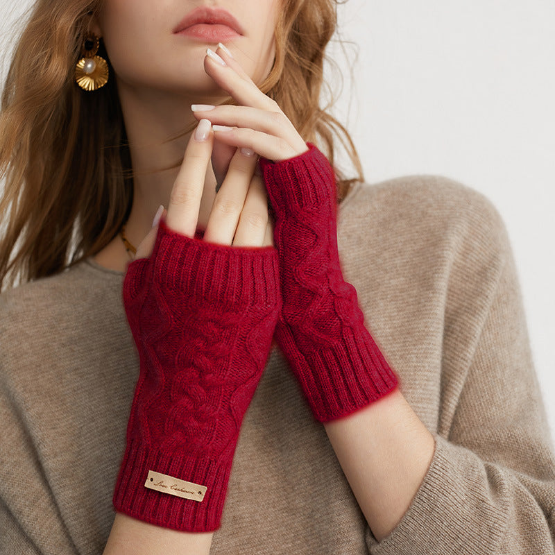 Audrie: 100% Cashmere Cable-knitted Open Fingertips Gloves