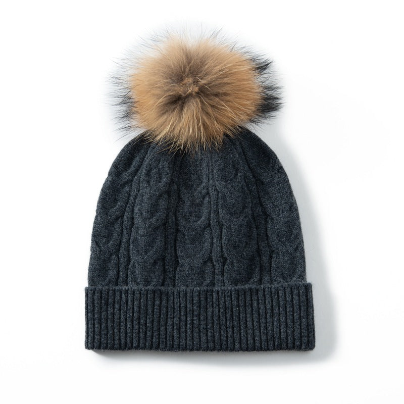 Audrie: 100% Cashmere-Wool Blend Cable-knitted Hat Decorated with Fox Fur