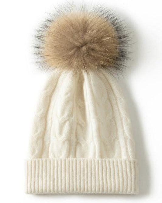 Audrie: 100% Cashmere-Wool Blend Cable-knitted Hat Decorated with Fox Fur