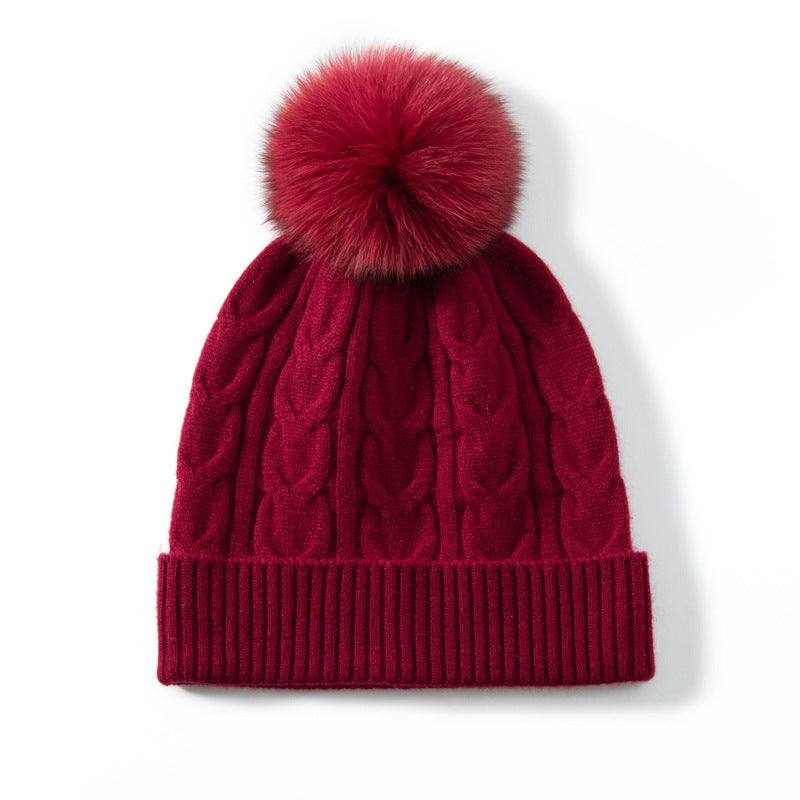 Audrie: 100% Cashmere-Wool Blend Cable-knitted Hat Decorated with Fox Fur