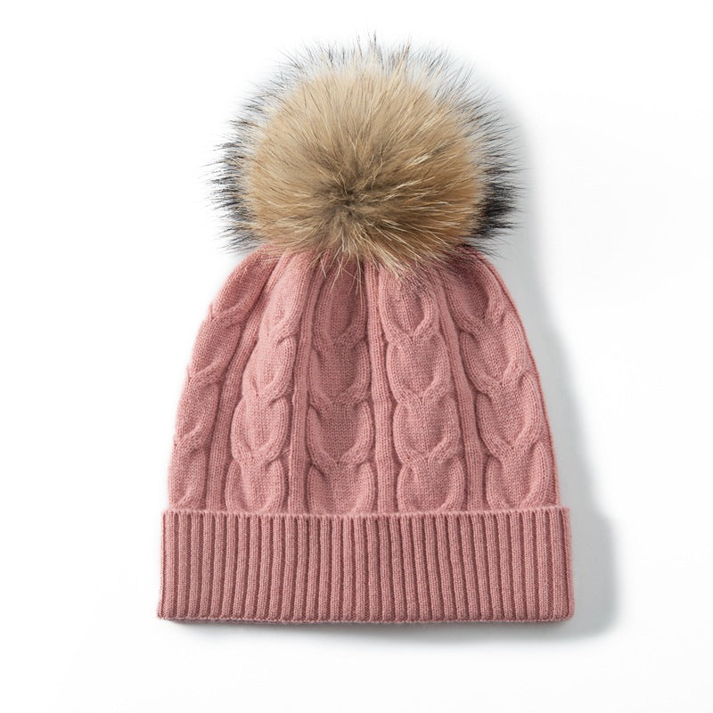 Audrie: 100% Cashmere-Wool Blend Cable-knitted Hat Decorated with Fox Fur