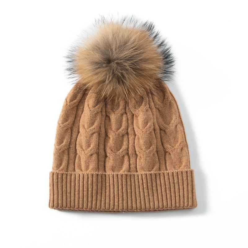 Audrie: 100% Cashmere-Wool Blend Cable-knitted Hat Decorated with Fox Fur