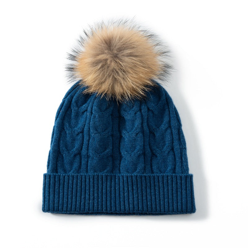 Audrie: 100% Cashmere-Wool Blend Cable-knitted Hat Decorated with Fox Fur