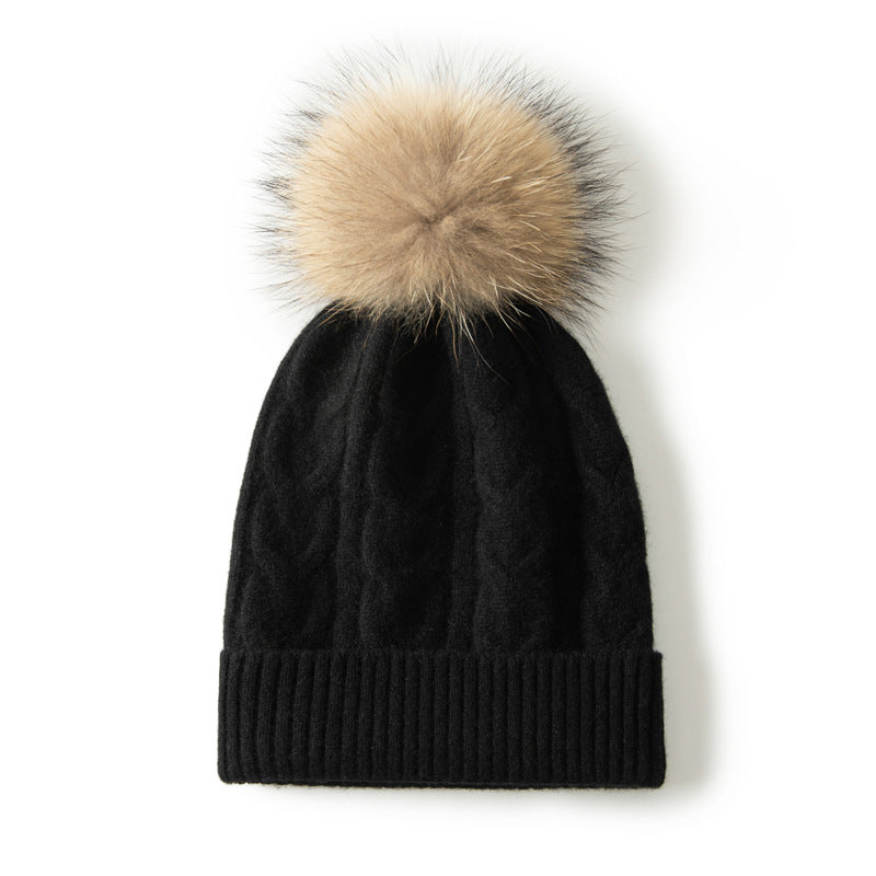 Audrie: 100% Cashmere-Wool Blend Cable-knitted Hat Decorated with Fox Fur